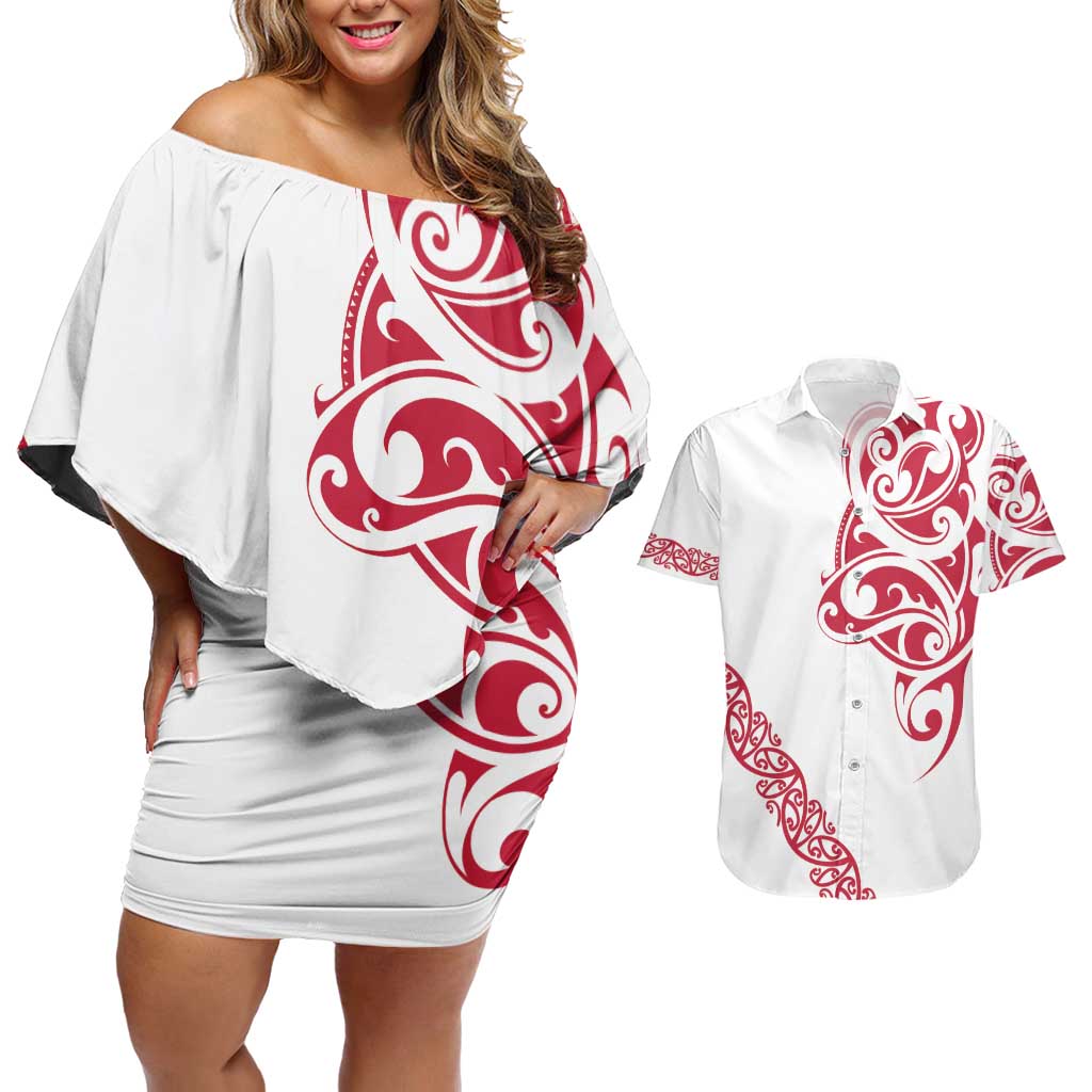 All White Maori Tribal Tattoo Personalised Couples Matching Off Shoulder Short Dress and Hawaiian Shirt Classic Red Polynesian Style LT9 Red - Polynesian Pride