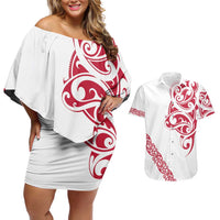 All White Maori Tribal Tattoo Personalised Couples Matching Off Shoulder Short Dress and Hawaiian Shirt Classic Red Polynesian Style LT9 Red - Polynesian Pride