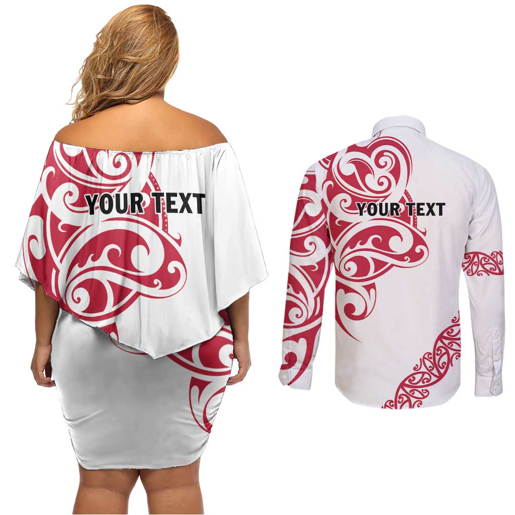 All White Maori Tribal Tattoo Personalised Couples Matching Off Shoulder Short Dress and Long Sleeve Button Shirt Classic Red Polynesian Style LT9 - Polynesian Pride