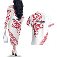 All White Maori Tribal Tattoo Personalised Couples Matching Off The Shoulder Long Sleeve Dress and Hawaiian Shirt Classic Red Polynesian Style LT9 - Polynesian Pride
