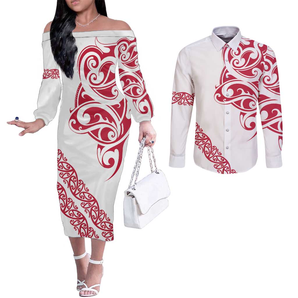 All White Maori Tribal Tattoo Personalised Couples Matching Off The Shoulder Long Sleeve Dress and Long Sleeve Button Shirt Classic Red Polynesian Style LT9 Red - Polynesian Pride