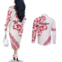 All White Maori Tribal Tattoo Personalised Couples Matching Off The Shoulder Long Sleeve Dress and Long Sleeve Button Shirt Classic Red Polynesian Style LT9 - Polynesian Pride