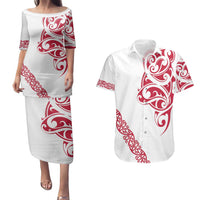 All White Maori Tribal Tattoo Personalised Couples Matching Puletasi and Hawaiian Shirt Classic Red Polynesian Style LT9 Red - Polynesian Pride