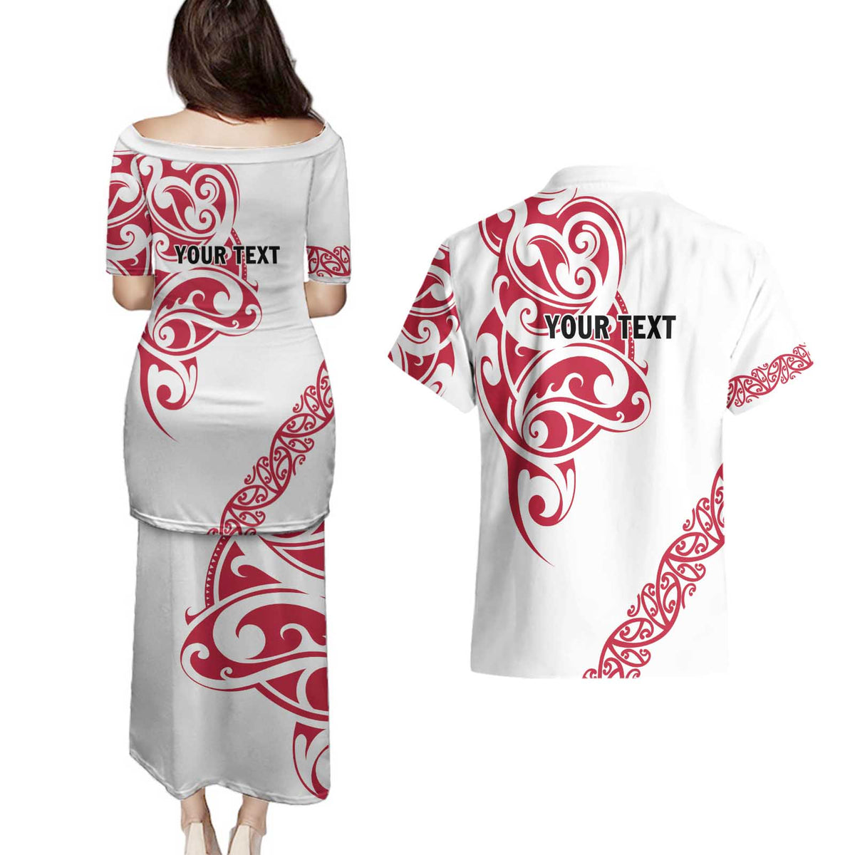 All White Maori Tribal Tattoo Personalised Couples Matching Puletasi and Hawaiian Shirt Classic Red Polynesian Style LT9 - Polynesian Pride
