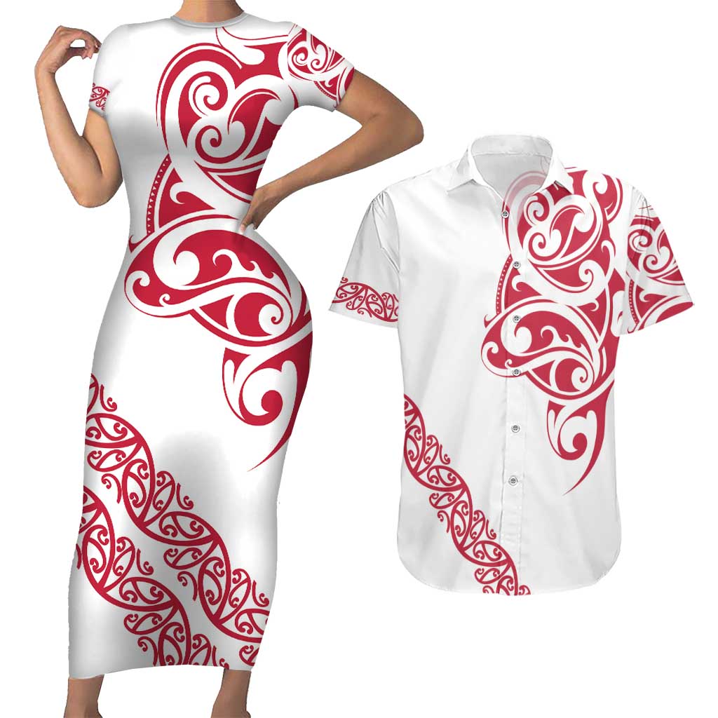 All White Maori Tribal Tattoo Personalised Couples Matching Short Sleeve Bodycon Dress and Hawaiian Shirt Classic Red Polynesian Style LT9 Red - Polynesian Pride