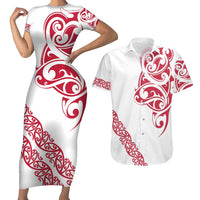 All White Maori Tribal Tattoo Personalised Couples Matching Short Sleeve Bodycon Dress and Hawaiian Shirt Classic Red Polynesian Style LT9 Red - Polynesian Pride