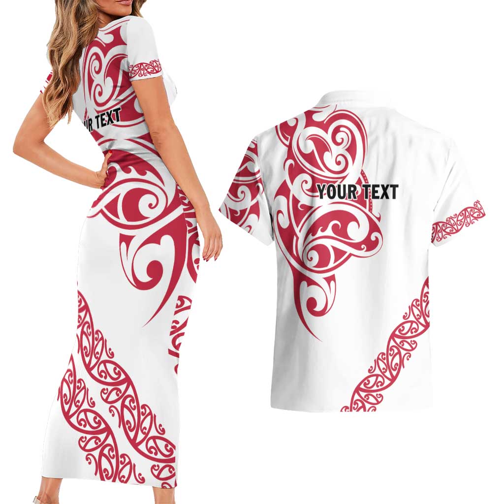 All White Maori Tribal Tattoo Personalised Couples Matching Short Sleeve Bodycon Dress and Hawaiian Shirt Classic Red Polynesian Style LT9 - Polynesian Pride