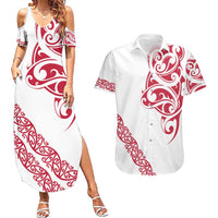 All White Maori Tribal Tattoo Personalised Couples Matching Summer Maxi Dress and Hawaiian Shirt Classic Red Polynesian Style LT9 Red - Polynesian Pride