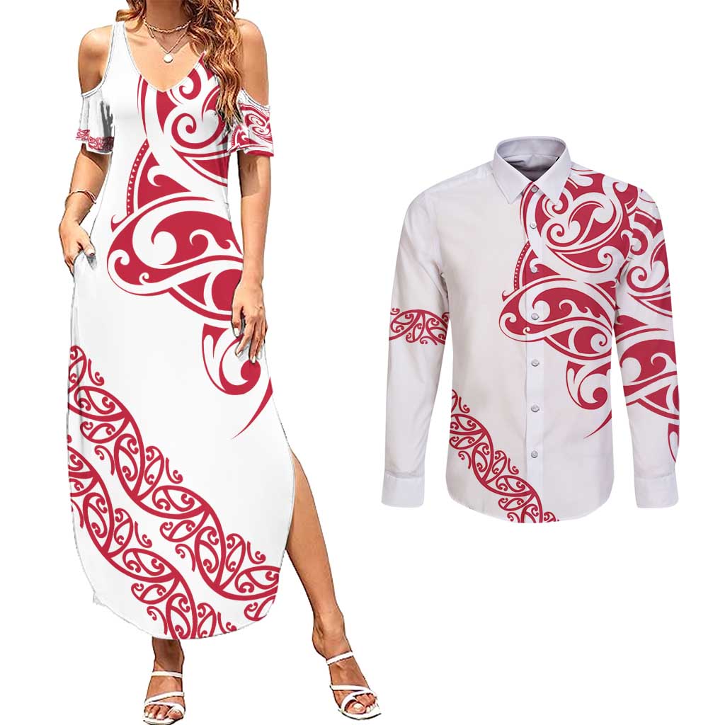 All White Maori Tribal Tattoo Personalised Couples Matching Summer Maxi Dress and Long Sleeve Button Shirt Classic Red Polynesian Style LT9 Red - Polynesian Pride