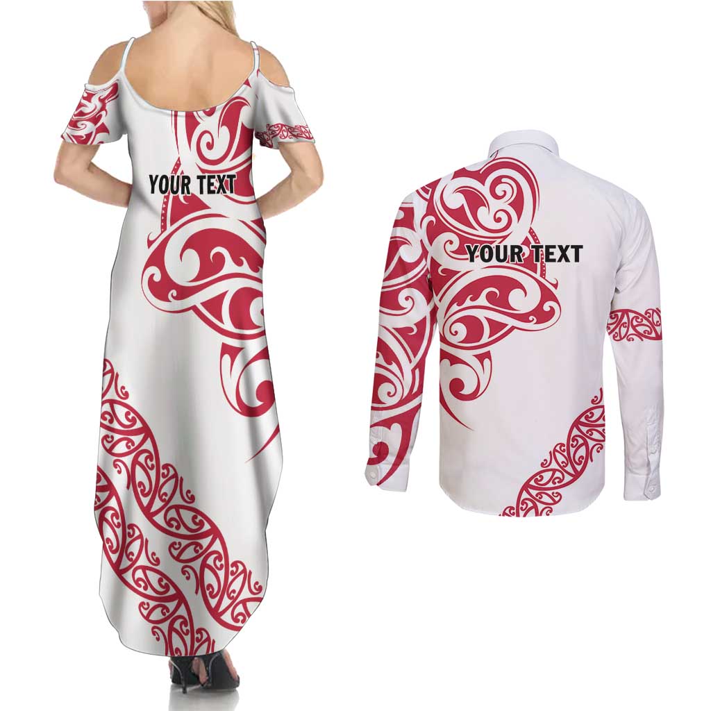 All White Maori Tribal Tattoo Personalised Couples Matching Summer Maxi Dress and Long Sleeve Button Shirt Classic Red Polynesian Style LT9 - Polynesian Pride