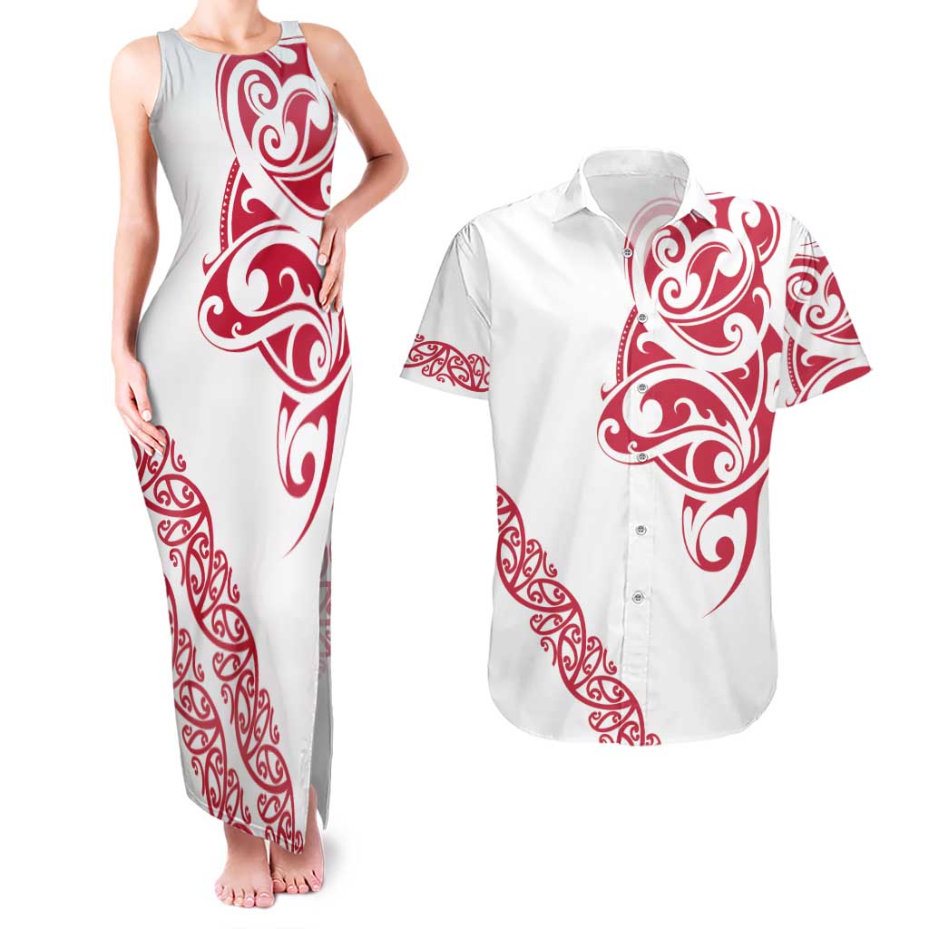 All White Maori Tribal Tattoo Personalised Couples Matching Tank Maxi Dress and Hawaiian Shirt Classic Red Polynesian Style LT9 Red - Polynesian Pride
