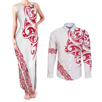 All White Maori Tribal Tattoo Personalised Couples Matching Tank Maxi Dress and Long Sleeve Button Shirt Classic Red Polynesian Style LT9 Red - Polynesian Pride