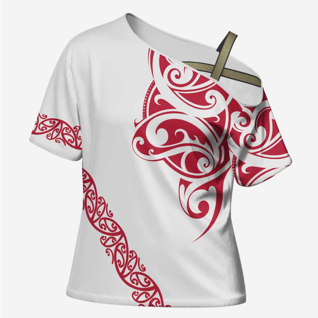 All White Maori Tribal Tattoo Personalised Cross Shoulder Shirt Classic Red Polynesian Style LT9 Female Red - Polynesian Pride