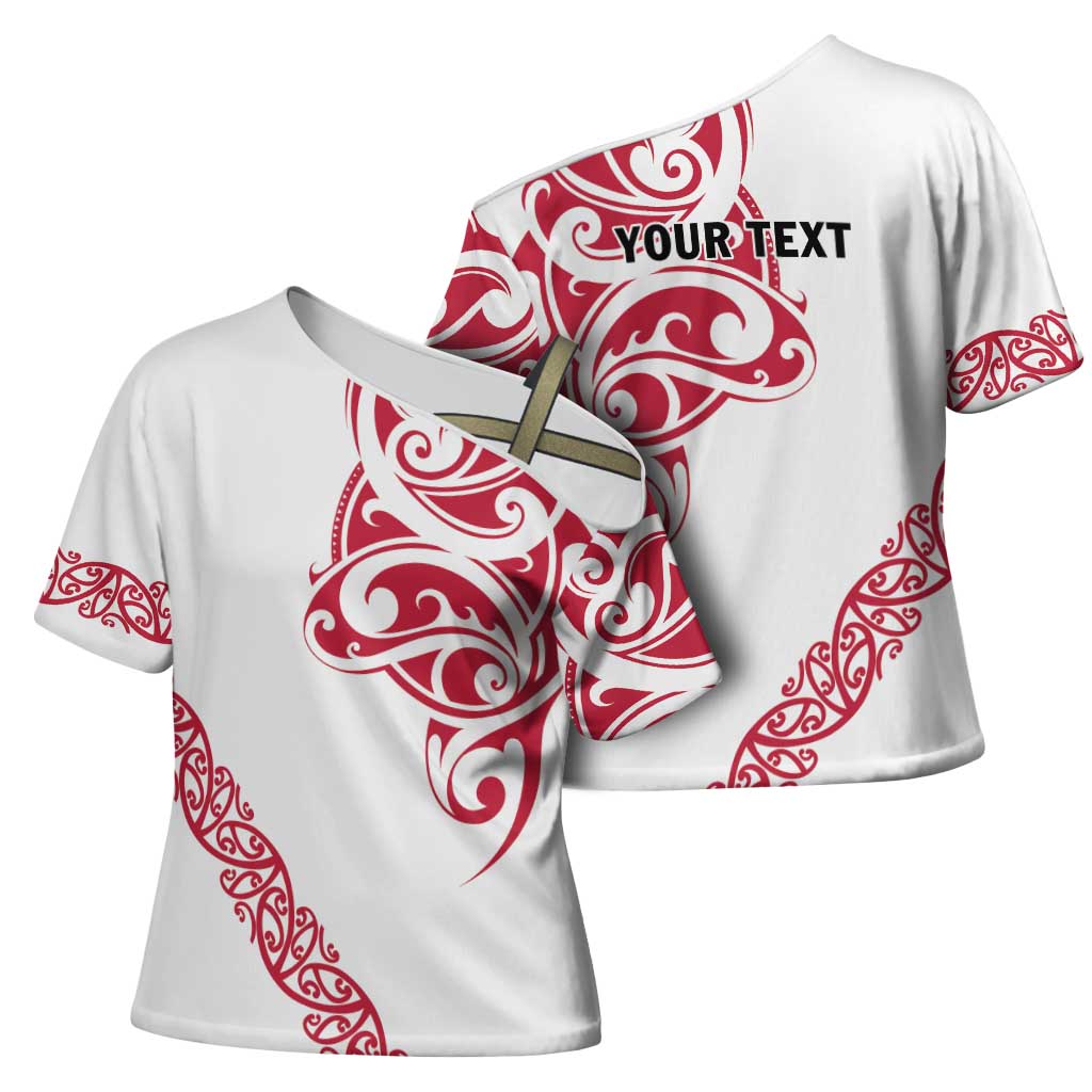 All White Maori Tribal Tattoo Personalised Cross Shoulder Shirt Classic Red Polynesian Style LT9 - Polynesian Pride