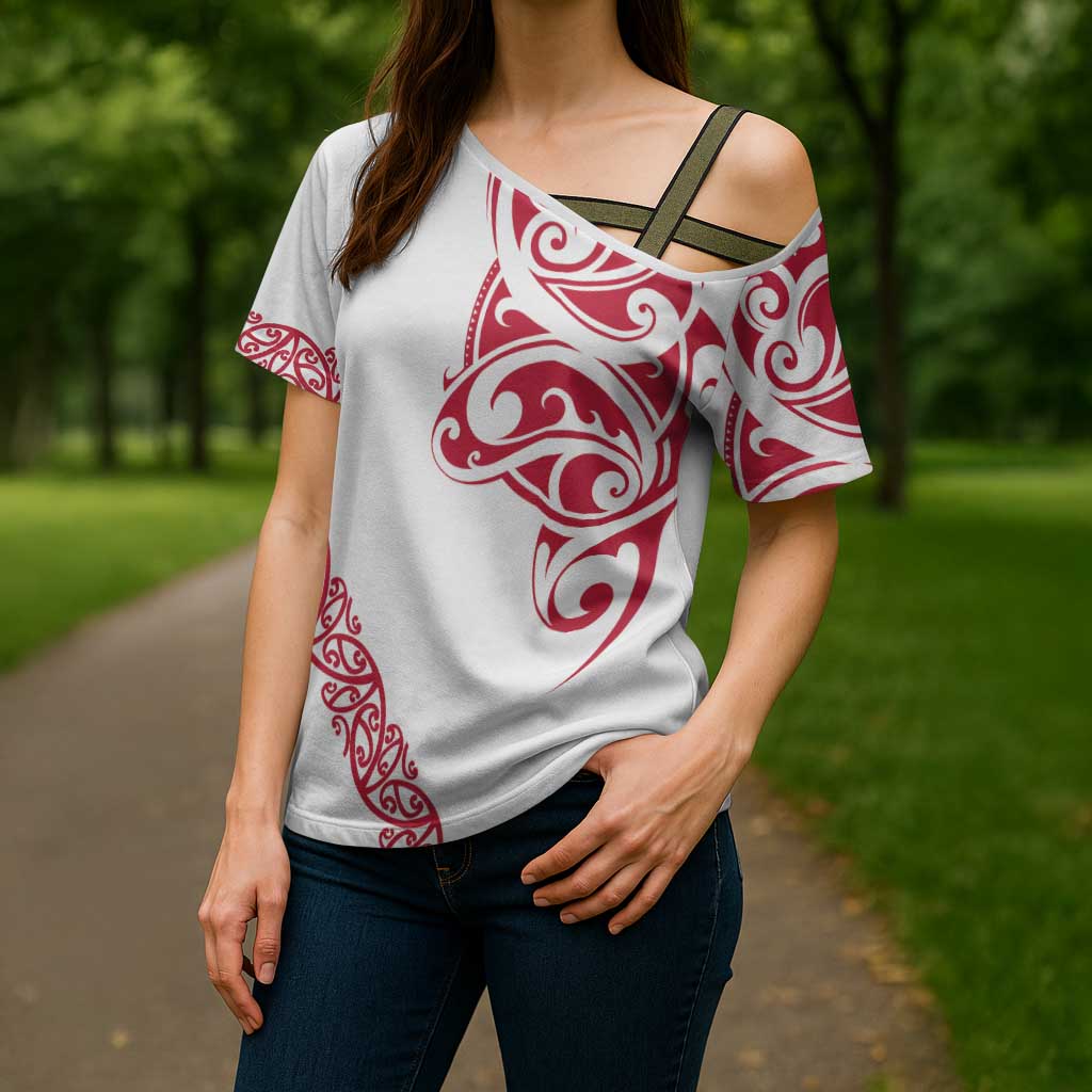 All White Maori Tribal Tattoo Personalised Cross Shoulder Shirt Classic Red Polynesian Style LT9 - Polynesian Pride