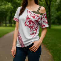All White Maori Tribal Tattoo Personalised Cross Shoulder Shirt Classic Red Polynesian Style LT9 - Polynesian Pride