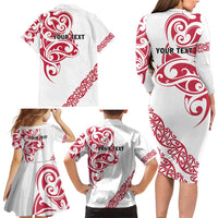 All White Maori Tribal Tattoo Personalised Family Matching Long Sleeve Bodycon Dress and Hawaiian Shirt Classic Red Polynesian Style LT9 - Polynesian Pride