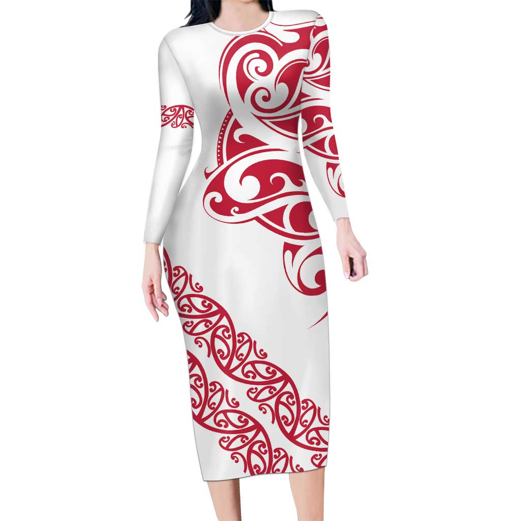 All White Maori Tribal Tattoo Personalised Family Matching Long Sleeve Bodycon Dress and Hawaiian Shirt Classic Red Polynesian Style LT9 Mom's Dress Red - Polynesian Pride