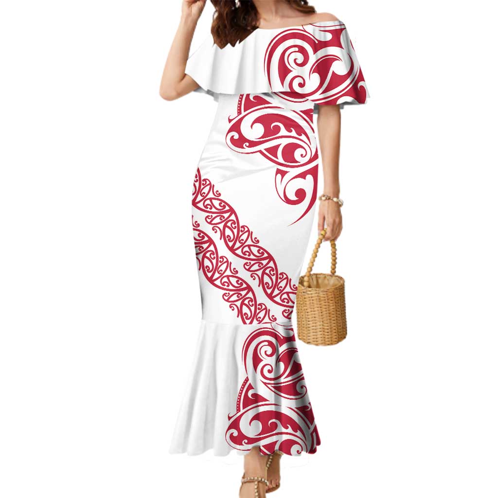 All White Maori Tribal Tattoo Personalised Family Matching Mermaid Dress and Hawaiian Shirt Classic Red Polynesian Style LT9 Mom's Dress Red - Polynesian Pride