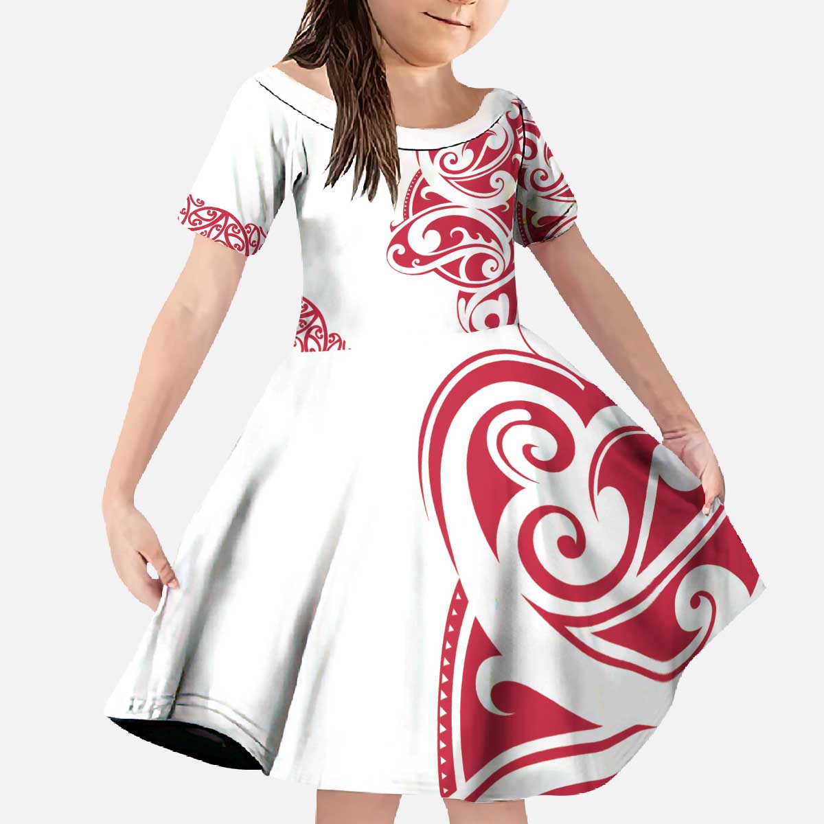 All White Maori Tribal Tattoo Personalised Family Matching Off The Shoulder Long Sleeve Dress and Hawaiian Shirt Classic Red Polynesian Style LT9 Daughter's Dress Red - Polynesian Pride