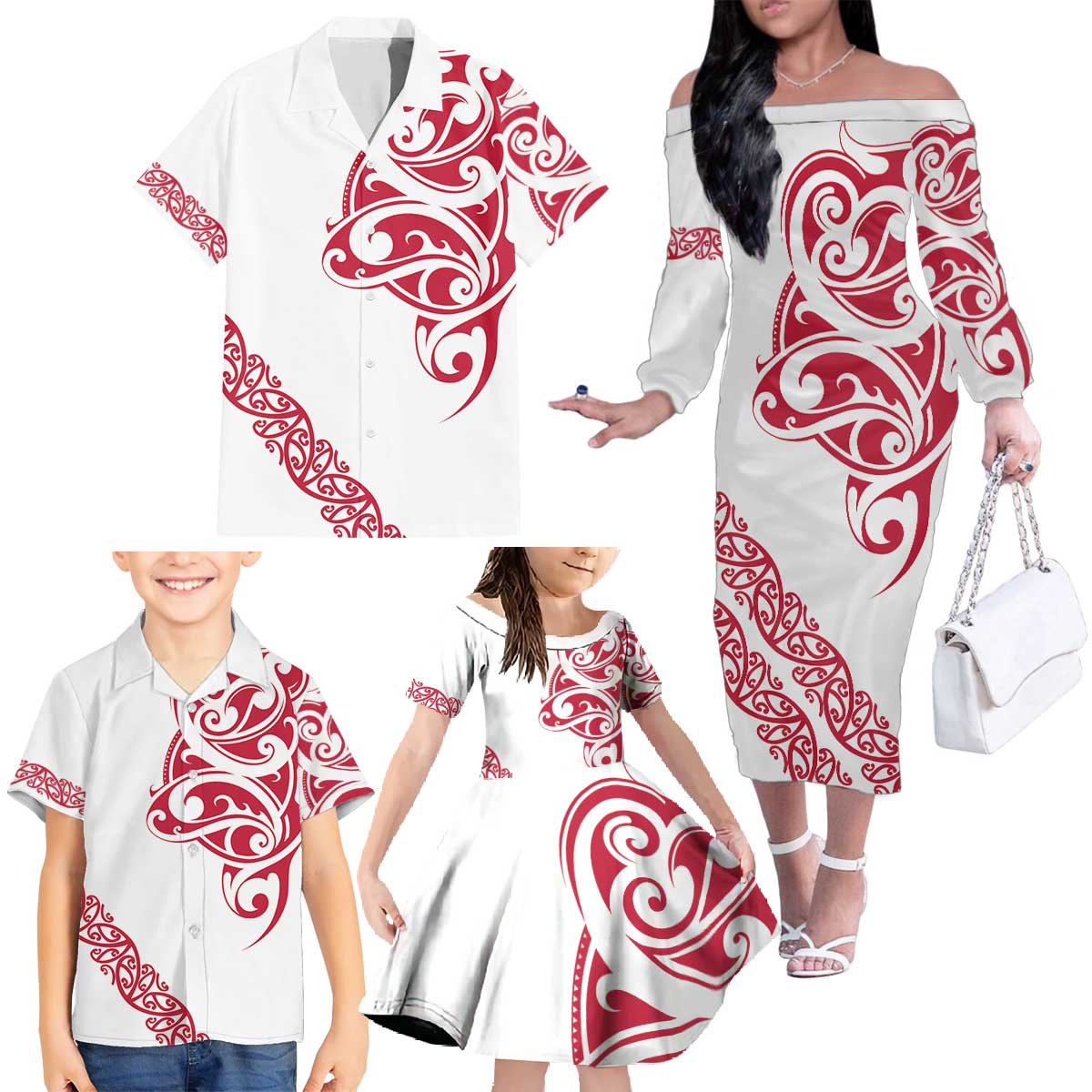 All White Maori Tribal Tattoo Personalised Family Matching Off The Shoulder Long Sleeve Dress and Hawaiian Shirt Classic Red Polynesian Style LT9 - Polynesian Pride