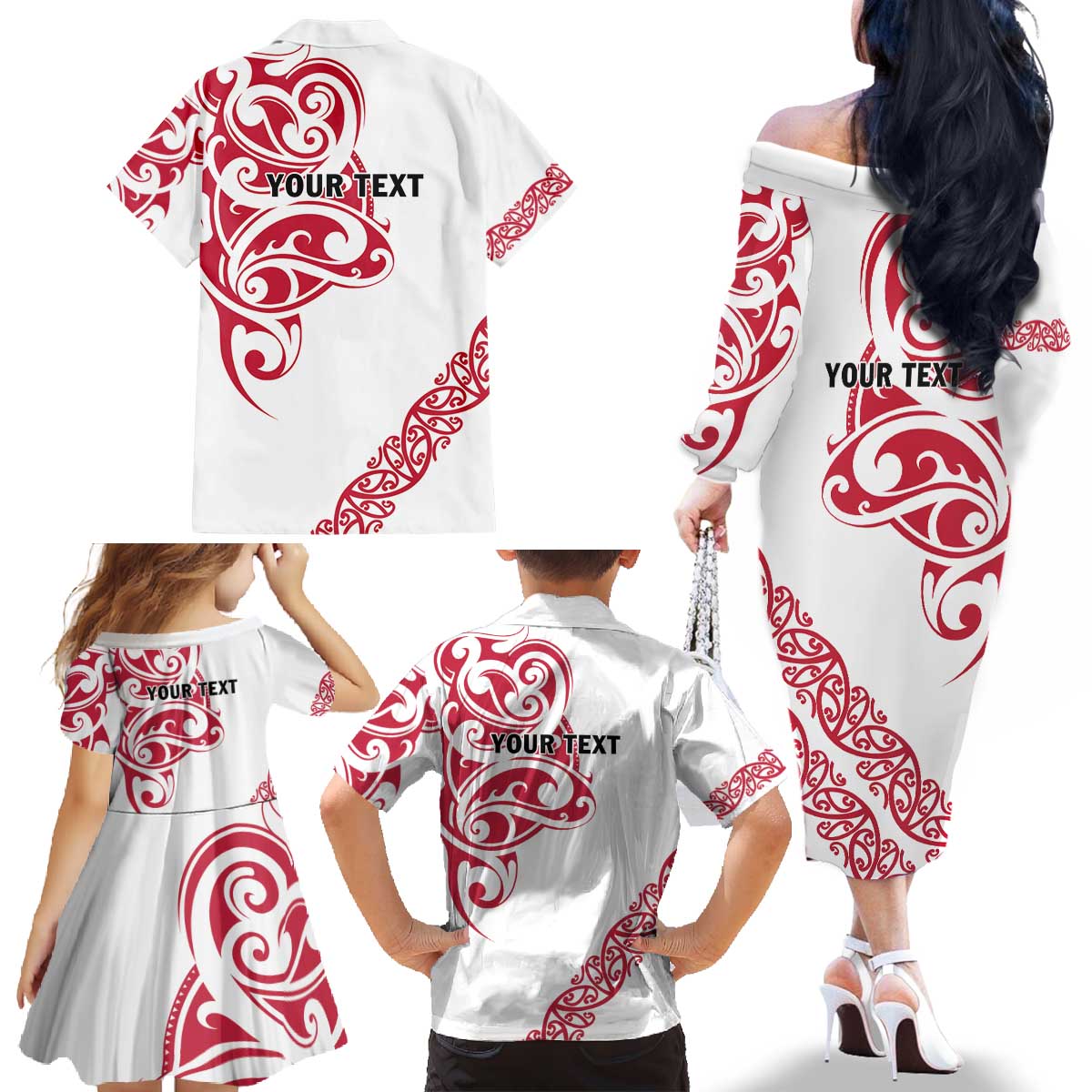 All White Maori Tribal Tattoo Personalised Family Matching Off The Shoulder Long Sleeve Dress and Hawaiian Shirt Classic Red Polynesian Style LT9 - Polynesian Pride