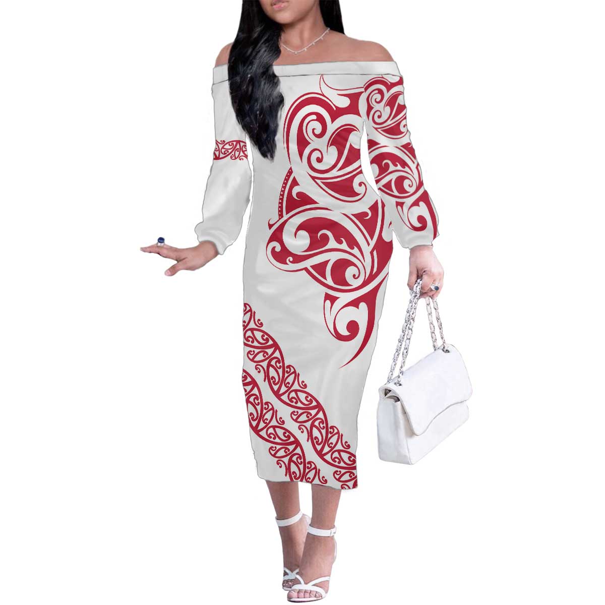All White Maori Tribal Tattoo Personalised Family Matching Off The Shoulder Long Sleeve Dress and Hawaiian Shirt Classic Red Polynesian Style LT9 Mom's Dress Red - Polynesian Pride