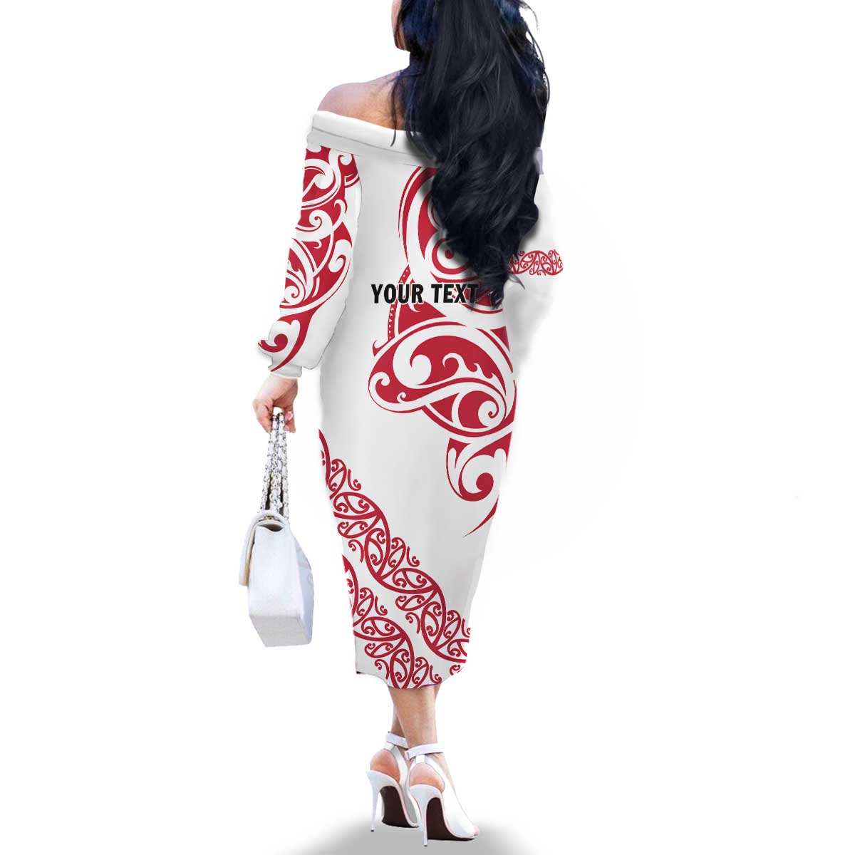 All White Maori Tribal Tattoo Personalised Family Matching Off The Shoulder Long Sleeve Dress and Hawaiian Shirt Classic Red Polynesian Style LT9 - Polynesian Pride