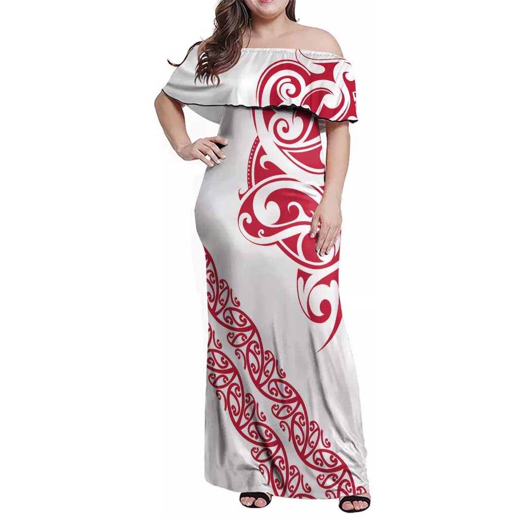 All White Maori Tribal Tattoo Personalised Family Matching Off Shoulder Maxi Dress and Hawaiian Shirt Classic Red Polynesian Style LT9 Mom's Dress Red - Polynesian Pride