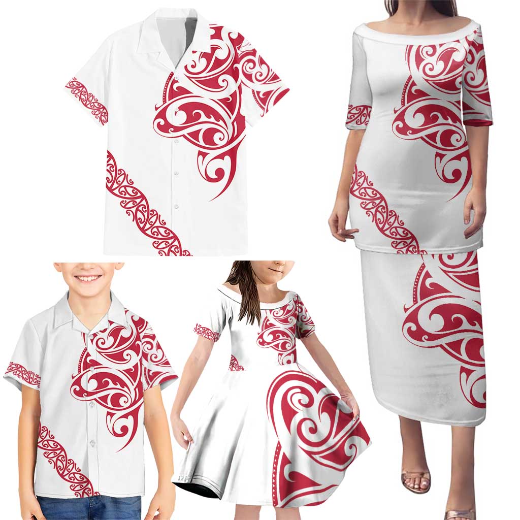 All White Maori Tribal Tattoo Personalised Family Matching Puletasi and Hawaiian Shirt Classic Red Polynesian Style LT9 - Polynesian Pride