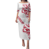 All White Maori Tribal Tattoo Personalised Family Matching Puletasi and Hawaiian Shirt Classic Red Polynesian Style LT9 Mom's Dress Red - Polynesian Pride