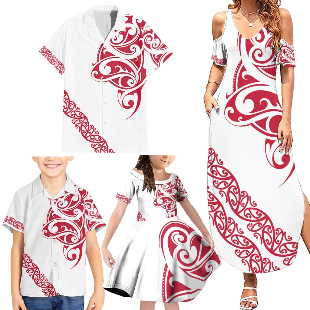 All White Maori Tribal Tattoo Personalised Family Matching Summer Maxi Dress and Hawaiian Shirt Classic Red Polynesian Style LT9 - Polynesian Pride