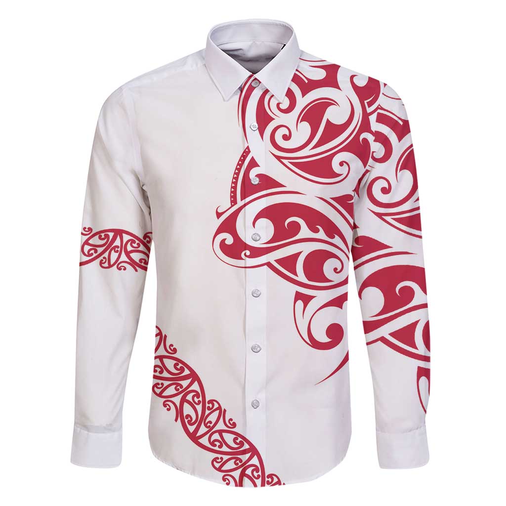 All White Maori Tribal Tattoo Personalised Family Matching Tank Maxi Dress and Hawaiian Shirt Classic Red Polynesian Style LT9 Dad's Shirt - Long Sleeve Red - Polynesian Pride