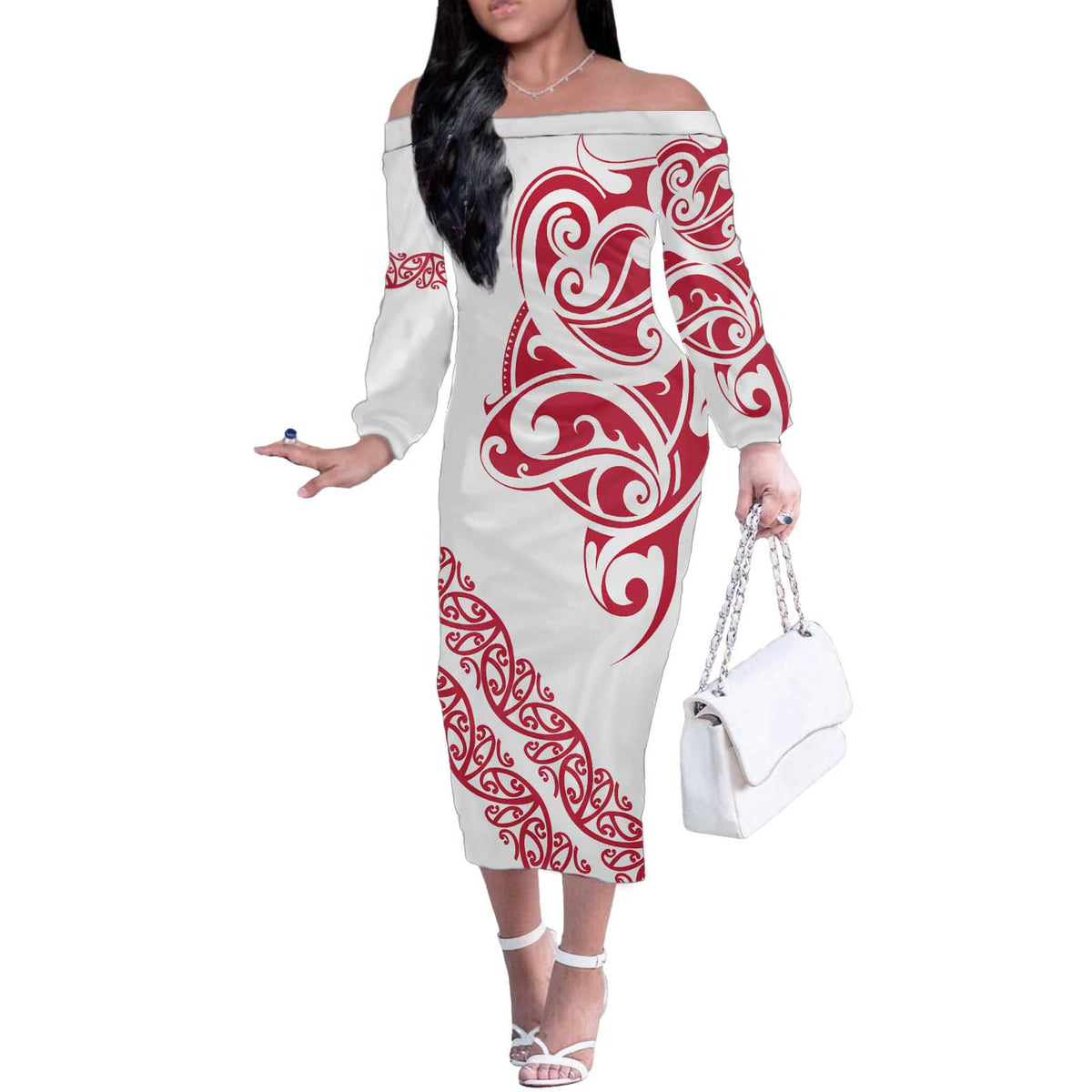 All White Maori Tribal Tattoo Personalised Off The Shoulder Long Sleeve Dress Classic Red Polynesian Style LT9 Women Red - Polynesian Pride