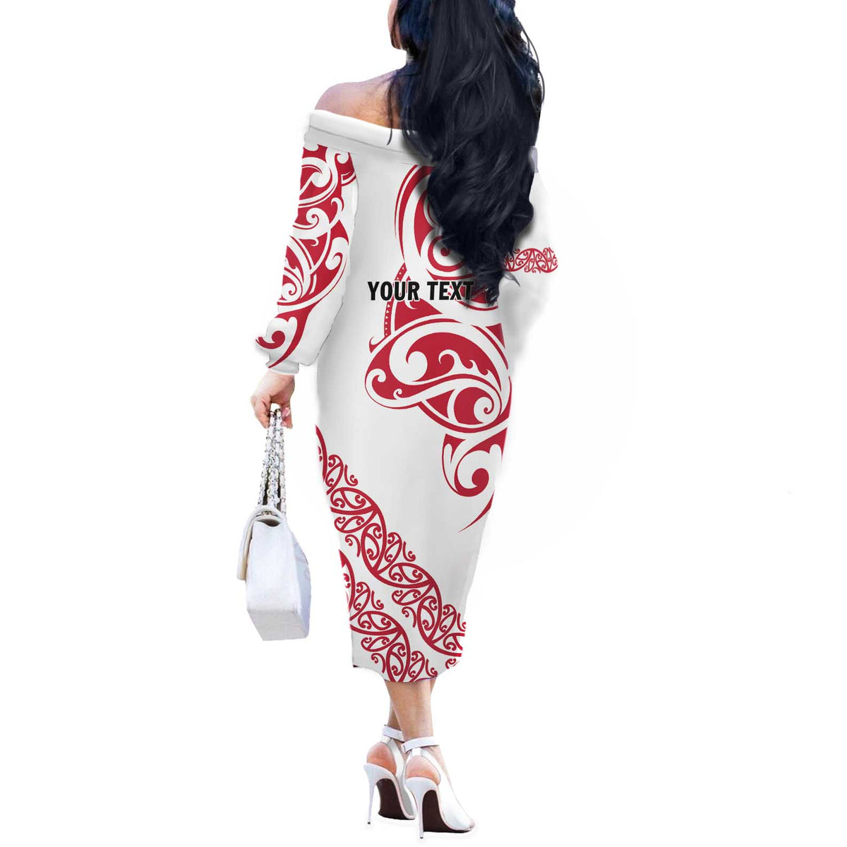 All White Maori Tribal Tattoo Personalised Off The Shoulder Long Sleeve Dress Classic Red Polynesian Style LT9 - Polynesian Pride
