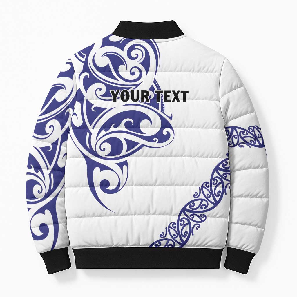 All White Maori Tribal Tattoo Personalised Bomber Puffer Jacket Dark Blue Polynesian Style - Polynesian Pride