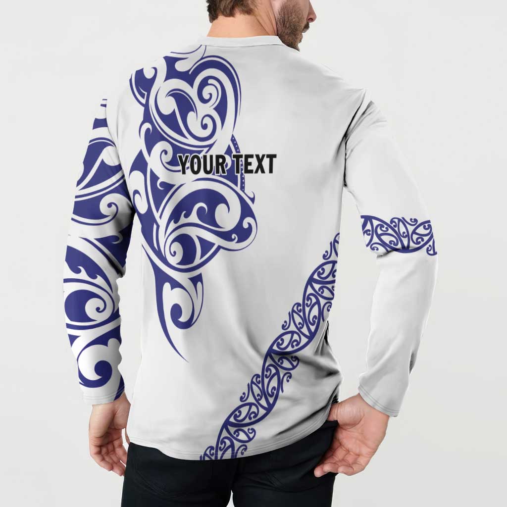 All White Maori Tribal Tattoo Personalised Button Sweatshirt Dark Blue Polynesian Style - Polynesian Pride