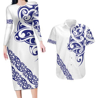 All White Maori Tribal Tattoo Personalised Couples Matching Long Sleeve Bodycon Dress and Hawaiian Shirt Dark Blue Polynesian Style LT9 Blue - Polynesian Pride