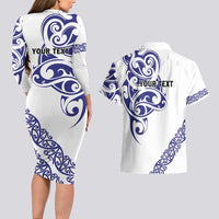 All White Maori Tribal Tattoo Personalised Couples Matching Long Sleeve Bodycon Dress and Hawaiian Shirt Dark Blue Polynesian Style LT9 - Polynesian Pride