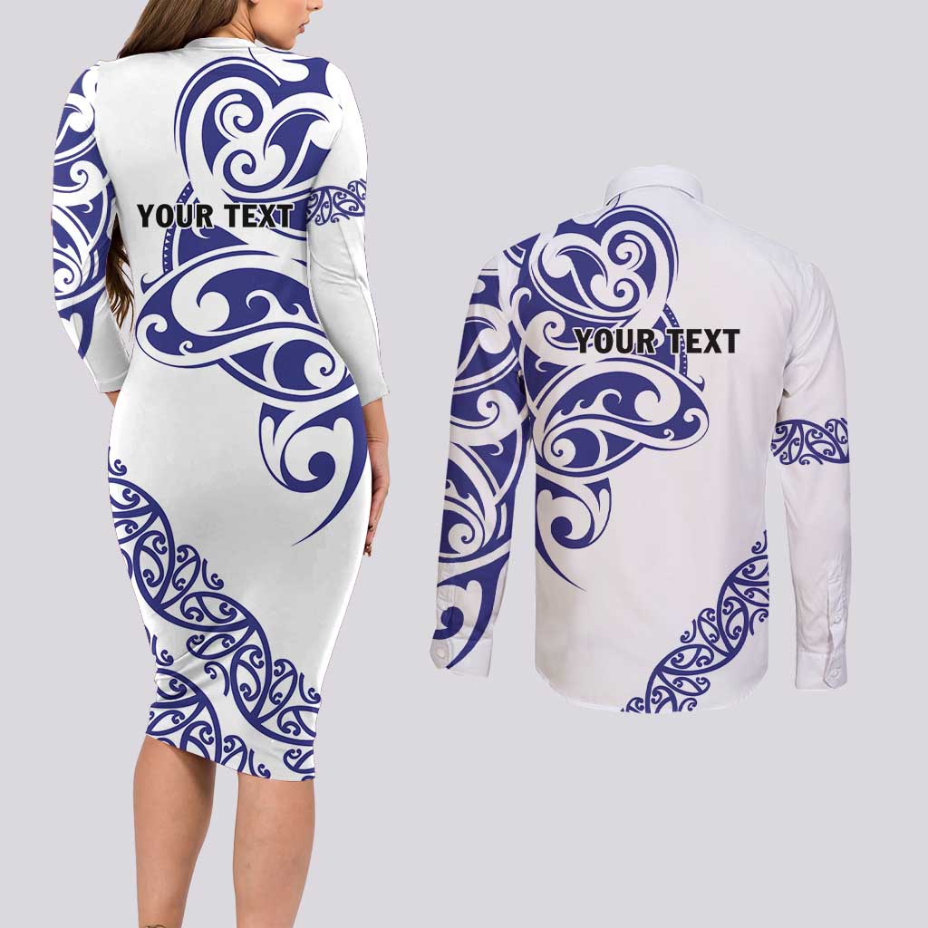 All White Maori Tribal Tattoo Personalised Couples Matching Long Sleeve Bodycon Dress and Long Sleeve Button Shirt Dark Blue Polynesian Style LT9 - Polynesian Pride