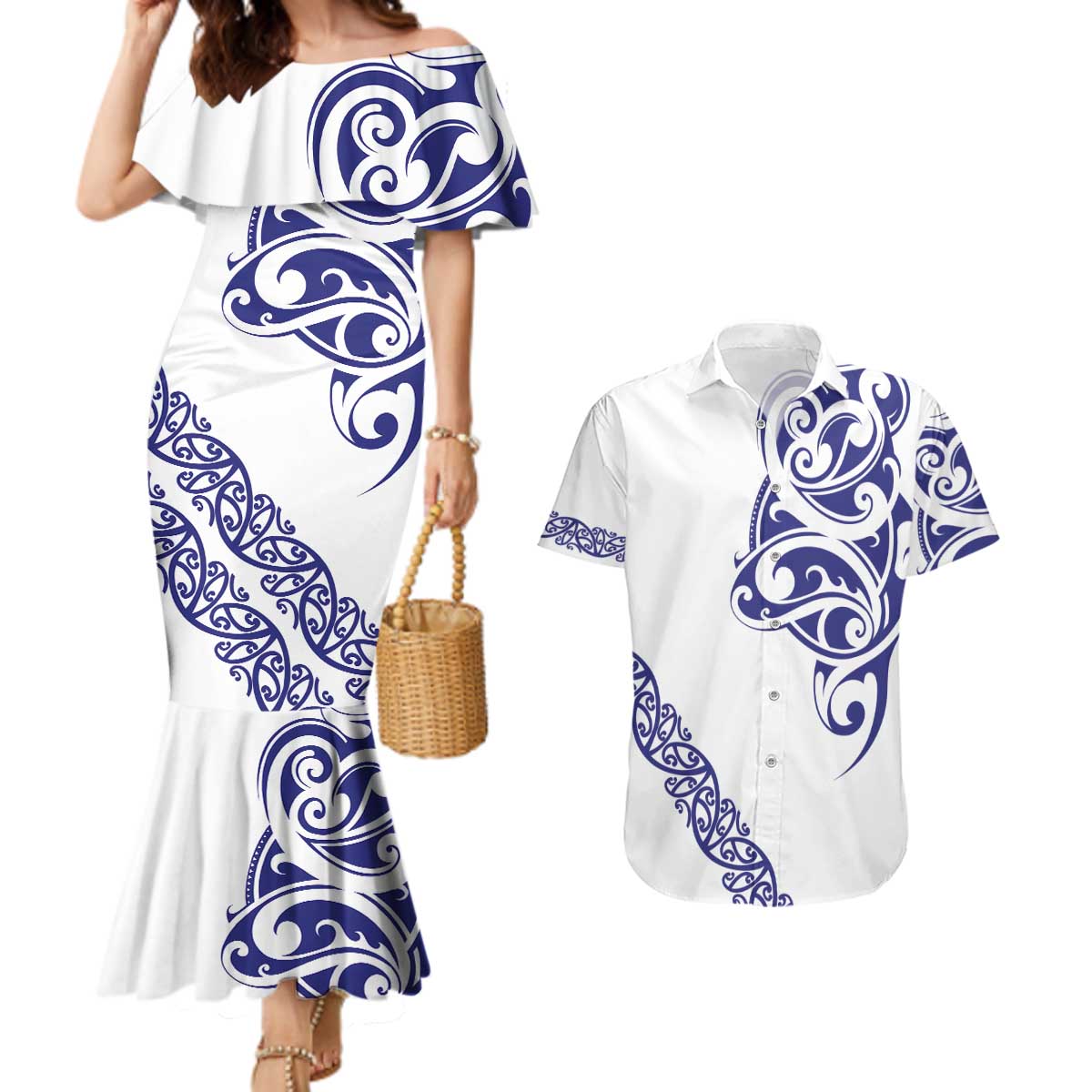 All White Maori Tribal Tattoo Personalised Couples Matching Mermaid Dress and Hawaiian Shirt Dark Blue Polynesian Style LT9 Blue - Polynesian Pride