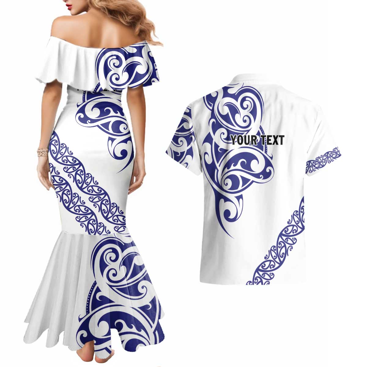 All White Maori Tribal Tattoo Personalised Couples Matching Mermaid Dress and Hawaiian Shirt Dark Blue Polynesian Style LT9 - Polynesian Pride