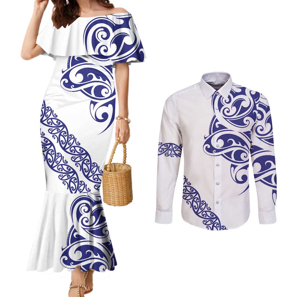 All White Maori Tribal Tattoo Personalised Couples Matching Mermaid Dress and Long Sleeve Button Shirt Dark Blue Polynesian Style - Polynesian Pride