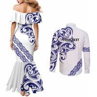 All White Maori Tribal Tattoo Personalised Couples Matching Mermaid Dress and Long Sleeve Button Shirt Dark Blue Polynesian Style LT9 - Polynesian Pride
