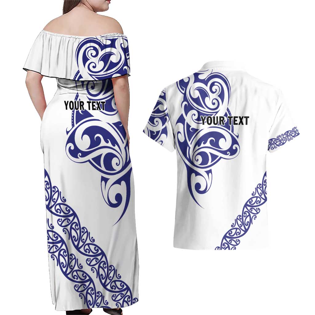 All White Maori Tribal Tattoo Personalised Couples Matching Off Shoulder Maxi Dress and Hawaiian Shirt Dark Blue Polynesian Style LT9 - Polynesian Pride