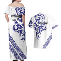All White Maori Tribal Tattoo Personalised Couples Matching Off Shoulder Maxi Dress and Hawaiian Shirt Dark Blue Polynesian Style LT9 - Polynesian Pride