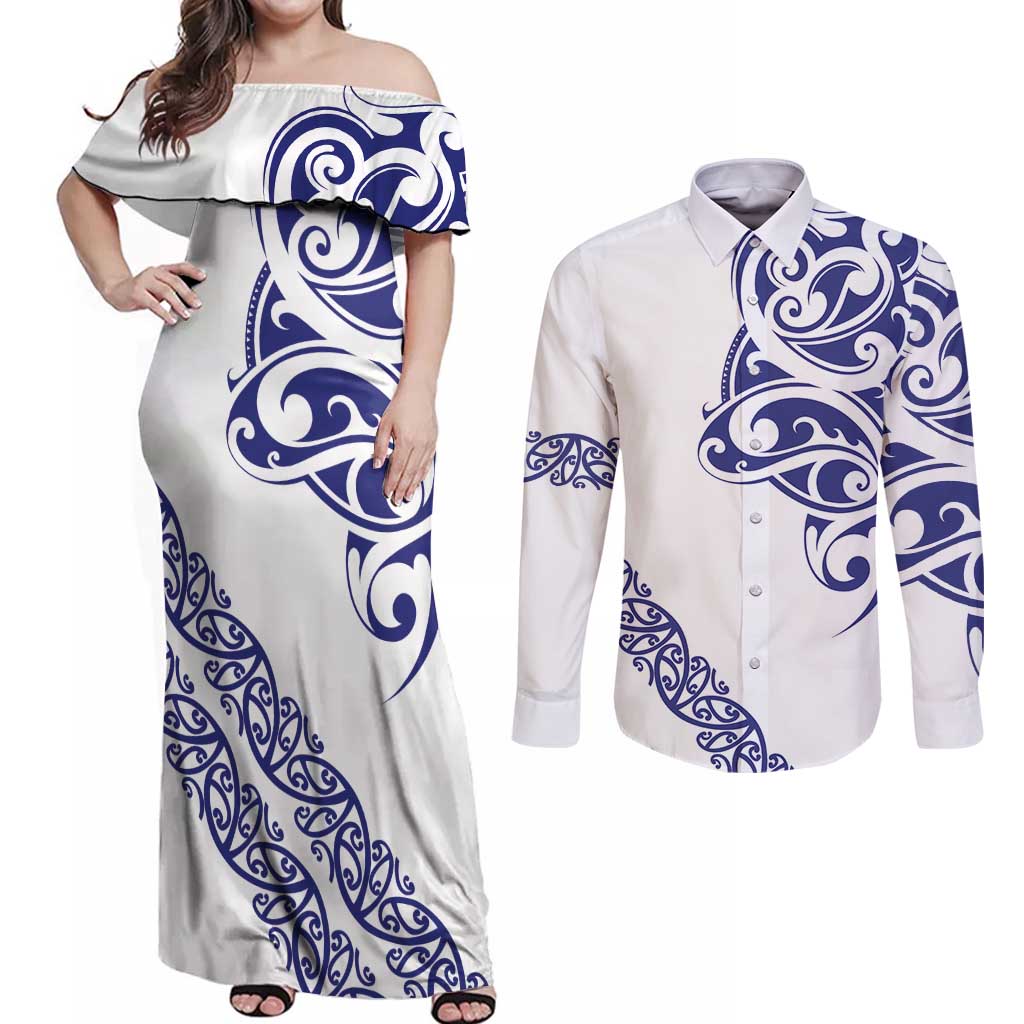 All White Maori Tribal Tattoo Personalised Couples Matching Off Shoulder Maxi Dress and Long Sleeve Button Shirt Dark Blue Polynesian Style LT9 Blue - Polynesian Pride