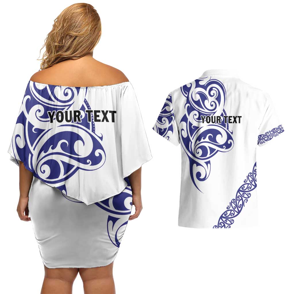 All White Maori Tribal Tattoo Personalised Couples Matching Off Shoulder Short Dress and Hawaiian Shirt Dark Blue Polynesian Style LT9 - Polynesian Pride
