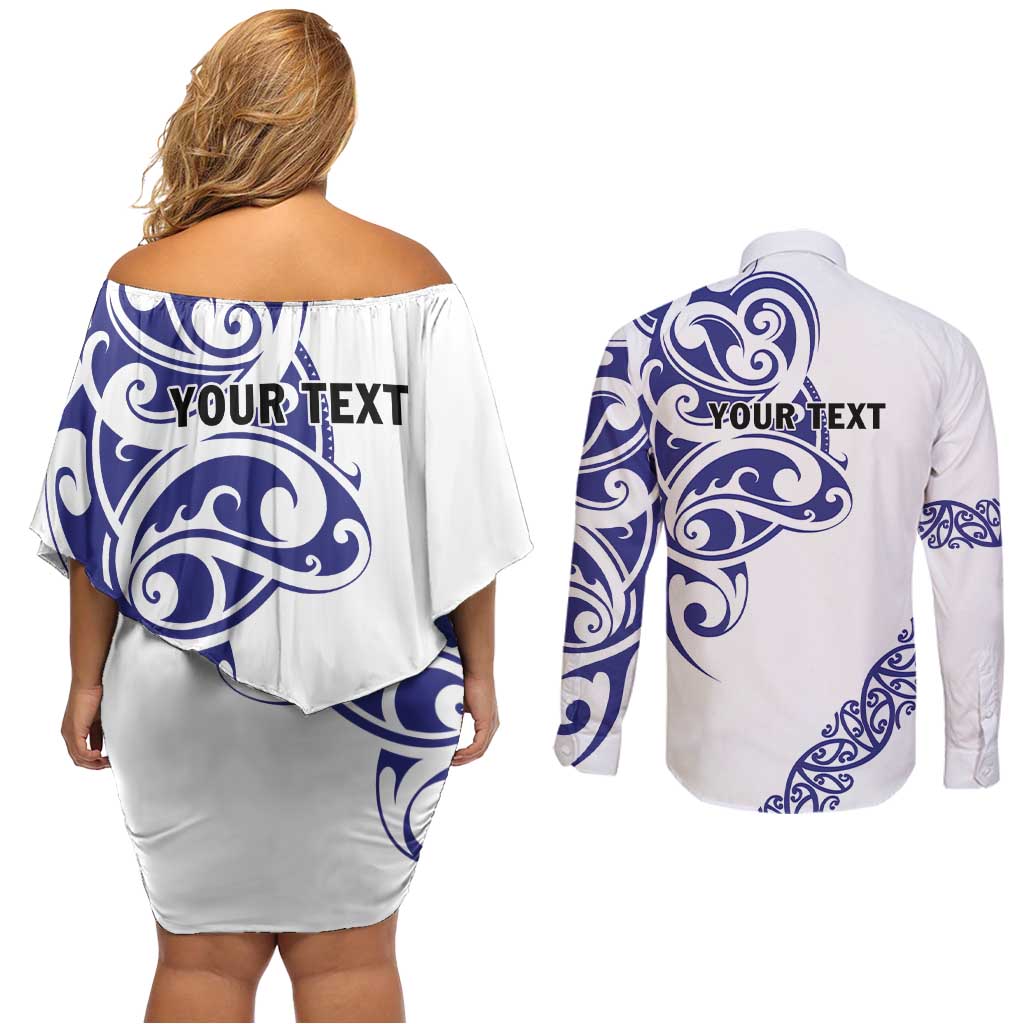All White Maori Tribal Tattoo Personalised Couples Matching Off Shoulder Short Dress and Long Sleeve Button Shirt Dark Blue Polynesian Style LT9 - Polynesian Pride