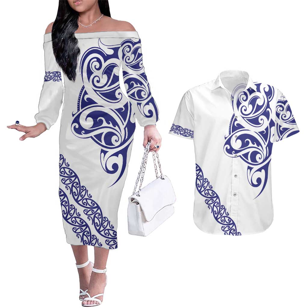 All White Maori Tribal Tattoo Personalised Couples Matching Off The Shoulder Long Sleeve Dress and Hawaiian Shirt Dark Blue Polynesian Style LT9 Blue - Polynesian Pride